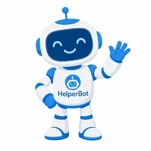 Simple flat vector mascot: friendly smiling robot character 'HelperBot', approachable design, primarily blue and white. - Takumi Takumi 1