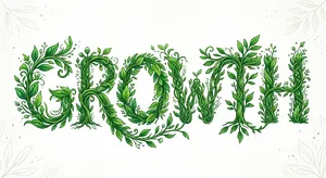 The word 'GROWTH' visualized using stylized plant vines organically forming the letters, green tones, white background, graphic design. - Takumi Takumi 1