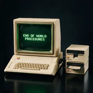 Vintage Apple II computer with green monochrome CRT screen, displaying 'END OF WORLD PROCEDURES' in green text. Two external floppy drives stacked on the right, labeled disk II with rainbow Apple logos. Beige casing, black background, retro aesthetic. - Takumi Takumi 1