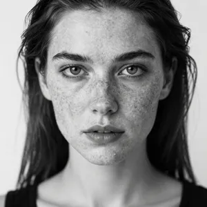 A black and white close-up portrait of a freckled woman with an intense gaze. - Alibaba Z-Image Turbo