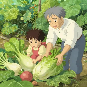 A child and elder tending oversized vegetables in a garden. Reproduce the artistic style of Studio Ghibli, with their distinctive character proportions and detailed plant illustrations. - Alibaba Z-Image Turbo