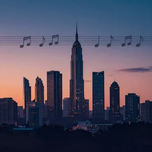 A city skyline that forms the shape of musical notes on a staff, created in a stylized graphic design aesthetic with clean architectural lines and dramatic twilight colors. - Alibaba Z-Image Turbo