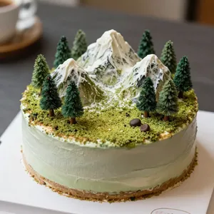 A dessert cake that looks like a tiny planet, complete with miniature trees and mountains, photographed in a professional food photography style with tilt-shift focus effect. - Alibaba Z-Image Turbo