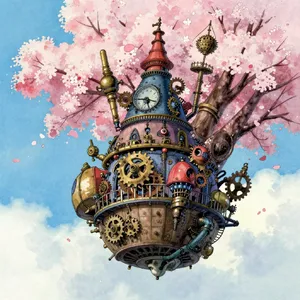 A floating steampunk castle in the sky with intricate mechanical gears and cherry blossom trees, illustrated in Hayao Miyazaki's Castle in the Sky (1986) art style with watercolor textures and detailed line work. - Alibaba Z-Image Turbo