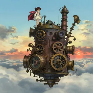 A flying castle floating in clouds at sunrise. Match the visual aesthetic of 'Howl's Moving Castle' by Studio Ghibli, with Miyazaki's blend of steampunk elements and fantasy. - Alibaba Z-Image Turbo