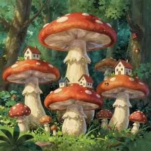 A forest of giant mushrooms with houses built on top of them, rendered in a whimsical Studio Ghibli-inspired art style with vibrant colors and fantastical details. - Alibaba Z-Image Turbo