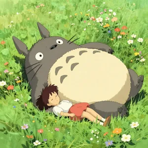 A girl and a giant fluffy creature napping in a wildflower meadow. Reproduce the art style of 'My Neighbor Totoro' by Studio Ghibli, with Miyazaki's soft character designs. - Alibaba Z-Image Turbo