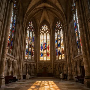 A Gothic cathedral interior at sunset with light streaming through detailed stained glass windows, creating colored patterns on stone floors and columns. Show accurate ribbed vaulting. - Alibaba Z-Image Turbo