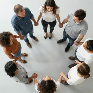 A group of five people joining hands in a circle, seen from above. - Alibaba Z-Image Turbo