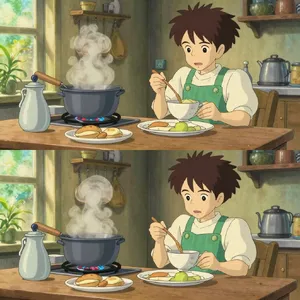 A kitchen with magical cooking implements preparing breakfast. Duplicate the artistic style of Studio Ghibli's domestic scenes, with Miyazaki's detailed settings and warm lighting. - Alibaba Z-Image Turbo