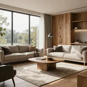A photorealistic interior of a modern Scandinavian-style living room with natural light streaming through floor-to-ceiling windows. Show detailed wood textures, fabric materials, and proper light reflections. - Alibaba Z-Image Turbo