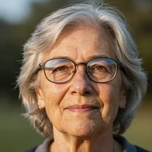 A ultra high-resolution portrait of an elderly woman with silver hair and bifocal glasses, each lens reflecting a distant landscape, captured in warm late-afternoon sunlight - Alibaba Z-Image Turbo