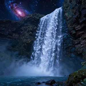 A waterfall that pours out stars and galaxies instead of water, illustrated in a cosmic fantasy style with vibrant space colors and dramatic lighting effects. - Alibaba Z-Image Turbo