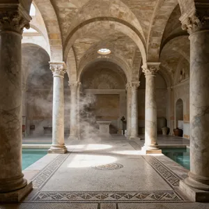 An ancient Roman bathhouse interior with accurate architectural details - marble columns, mosaic floors, arched ceilings, and steam rising from pools. Natural light from oculus openings. - Alibaba Z-Image Turbo