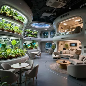 Interior of a futuristic space habitat with hydroponics gardens, communal areas, and living quarters. Show curved walls, artificial gravity considerations, and multipurpose furniture designs. - Alibaba Z-Image Turbo