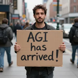 Photorealistic daytime street photograph, clearly showing a man standing still on a busy urban street corner holding a rectangular cardboard sign clearly facing camera, handwritten bold black marker text clearly readable as 