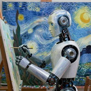Photorealistic image of a robot painting a realistic self-portrait (i.e. the robot) on canvas, mimicking Van Gogh’s art style; clear, realistic metallic textures and painting details visible - Alibaba Z-Image Turbo