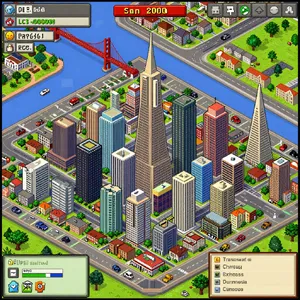 Pixel art cityscape of San Francisco in the iconic SimCity 2000 style, isometric view, detailed skyscrapers, residential areas, clearly identifiable Golden Gate Bridge, Coit Tower, Transamerica Pyramid, surrounded by the classic SimCity 2000 UI elements - Alibaba Z-Image Turbo
