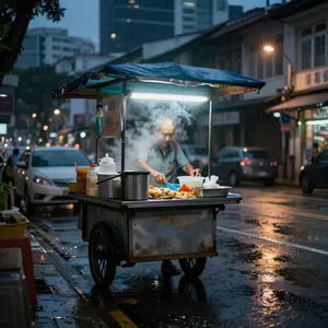 Rain-slicked Singapore street, 3 AM. A lone elderly hawker cleans his cart under one flickering fluorescent light. Steam rises gently. Low-angle shot, photorealistic - Alibaba Z-Image Turbo