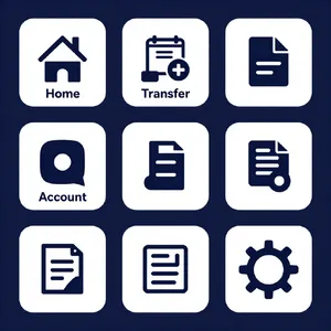 Set of 5 consistent flat design icons for a mobile banking app: 'Home', 'Transfer', 'Account', 'Scan QR', 'Settings'. Monochrome dark blue. - Alibaba Z-Image Turbo