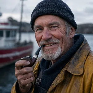 A 4K photo of an old fisherman with a weathered face and a pipe, grinning. - Reve Reve 2.1