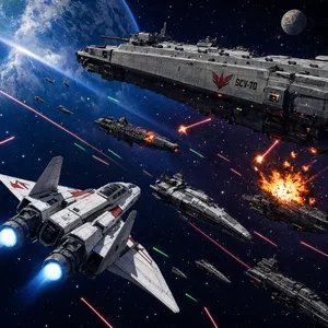 A 90s anime-style space battle scene with giant starships and laser beams. - Reve Reve 2.1