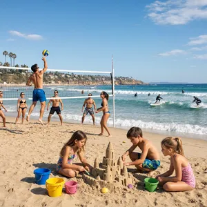 A beach scene: adults playing volleyball, kids building sandcastles, and surfers riding waves. - Reve Reve 2.1