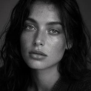 A black and white close-up portrait of a freckled woman with an intense gaze. - Reve Reve 2.1