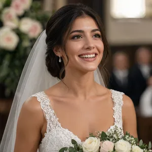 A bride on her wedding day, smiling with tears of joy in her eyes. - Reve Reve 2.1