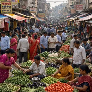 A bustling market scene with dozens of people buying and selling goods. - Reve Reve 2.1