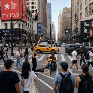 A busy city intersection with cars, pedestrians, and street performers all in one frame. - Reve Reve 2.1