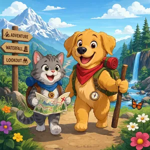 A cartoon of a cat and a dog on an adventure, drawn in a colorful 2D style. - Reve Reve 2.1