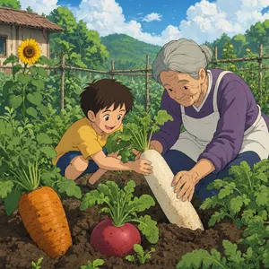 A child and elder tending oversized vegetables in a garden. Reproduce the artistic style of Studio Ghibli, with their distinctive character proportions and detailed plant illustrations. - Reve Reve 2.1