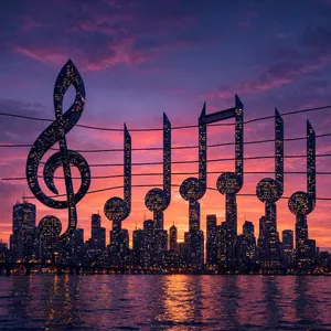 A city skyline that forms the shape of musical notes on a staff, created in a stylized graphic design aesthetic with clean architectural lines and dramatic twilight colors. - Reve Reve 2.1