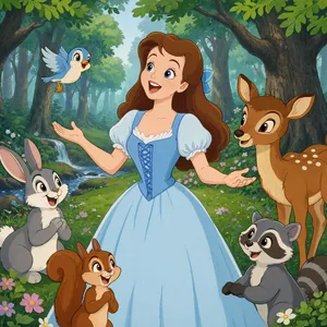A classic Disney-like 2D cartoon princess singing with animals in a forest. - Reve Reve 2.1
