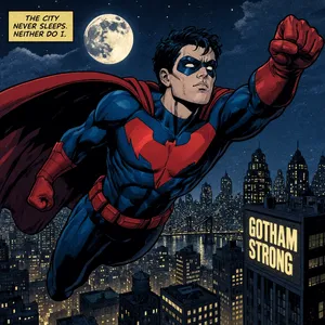 A comic-book style superhero flying over a city at night, with halftone shading. - Reve Reve 2.1