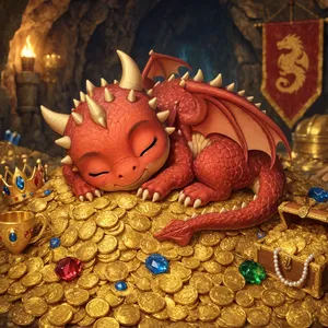 A cute chibi-style dragon sleeping on a pile of gold. - Reve Reve 2.1