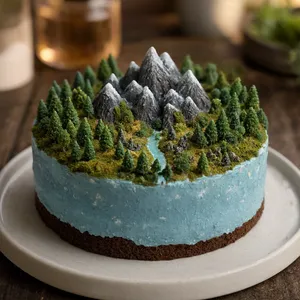 A dessert cake that looks like a tiny planet, complete with miniature trees and mountains, photographed in a professional food photography style with tilt-shift focus effect. - Reve Reve 2.1