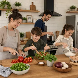 A family cooking together in a kitchen, each person busy with a different task. - Reve Reve 2.1