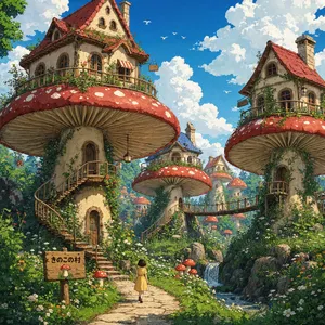 A forest of giant mushrooms with houses built on top of them, rendered in a whimsical Studio Ghibli-inspired art style with vibrant colors and fantastical details. - Reve Reve 2.1