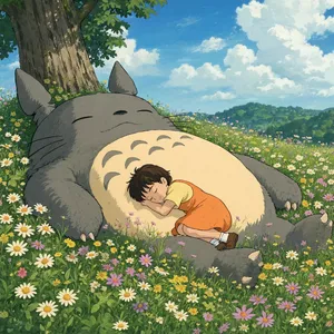 A girl and a giant fluffy creature napping in a wildflower meadow. Reproduce the art style of 'My Neighbor Totoro' by Studio Ghibli, with Miyazaki's soft character designs. - Reve Reve 2.1