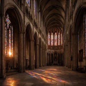 A Gothic cathedral interior at sunset with light streaming through detailed stained glass windows, creating colored patterns on stone floors and columns. Show accurate ribbed vaulting. - Reve Reve 2.1