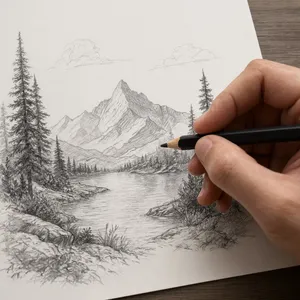 A hand drawing a sketch on paper with a pencil, the hand and pencil tip in clear focus. - Reve Reve 2.1