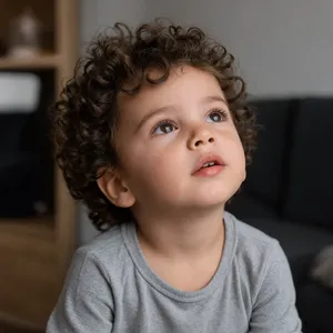 A hyper-realistic photo of a toddler with curly hair and big eyes, looking upward. - Reve Reve 2.1