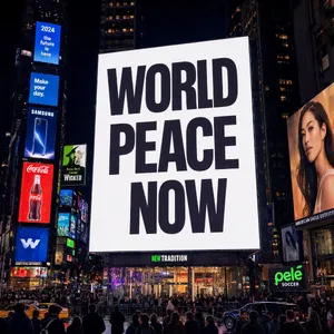 A large storefront billboard at Times Square displaying the slogan “WORLD PEACE NOW” in bold, clear letters, amidst a vibrant cityscape at night. - Reve Reve 2.1