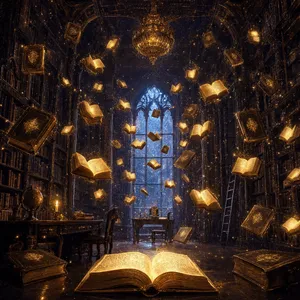 A library where the books are glowing and floating in mid-air, illustrated in a magical realism style with dramatic lighting and rich atmospheric colors. - Reve Reve 2.1
