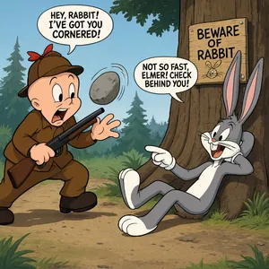 A Looney Tunes-inspired cartoon scene of a clever rabbit tricking a hunter. - Reve Reve 2.1