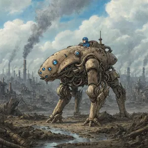 A mechanical creature in a polluted landscape. Capture the visual aesthetic of 'Nausicaä' by Studio Ghibli, with Miyazaki's mechanical designs and environmental contrast. - Reve Reve 2.1