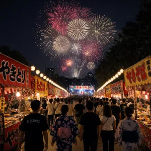 A nighttime festival with fireworks in the sky, food stalls lined up, and crowds mingling. - Reve Reve 2.1