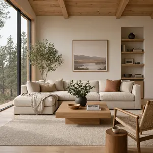 A photorealistic interior of a modern Scandinavian-style living room with natural light streaming through floor-to-ceiling windows. Show detailed wood textures, fabric materials, and proper light reflections. - Reve Reve 2.1